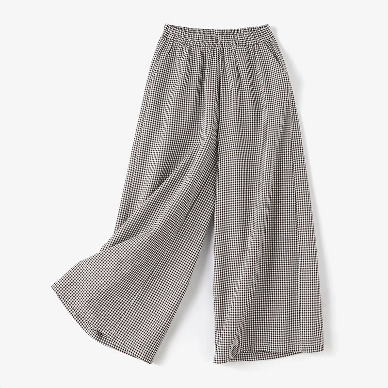 (image for) ZANZEA Womens Geometric Printed Wide Leg Pants Vintage Elastic Waist Straight Pleated Trouser Loose Fit