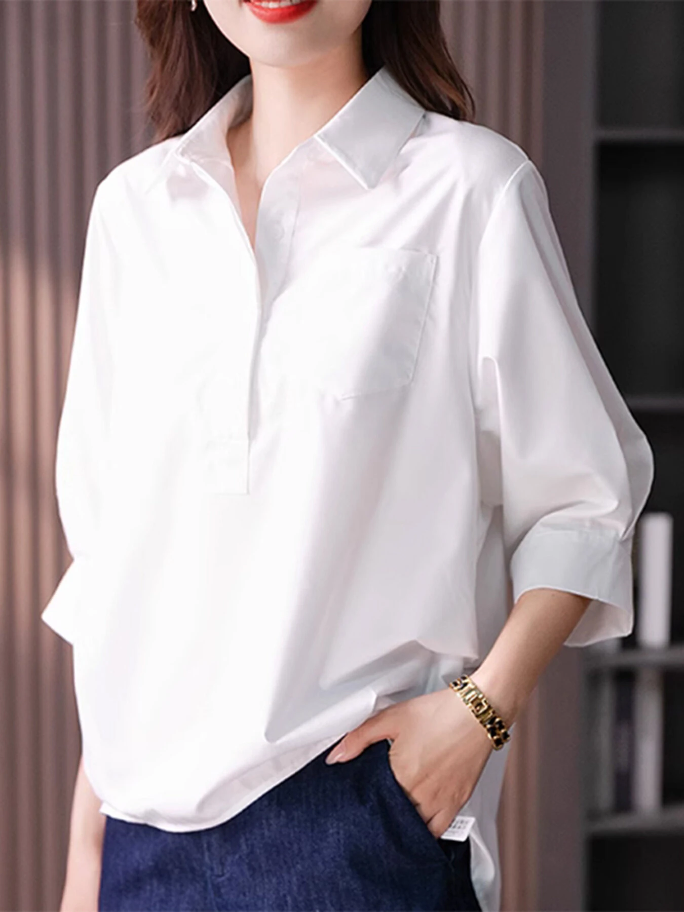 (image for) ZANZEA Womens Lapel Blouses 3/4 Length Sleeve Solid Color Shirts with Chest Pocket
