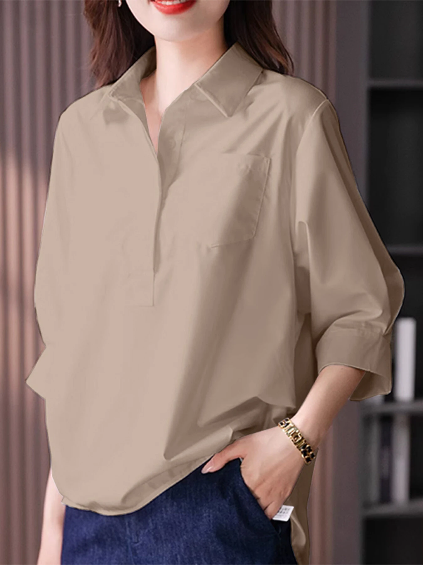 (image for) ZANZEA Womens Lapel Blouses 3/4 Length Sleeve Solid Color Shirts with Chest Pocket