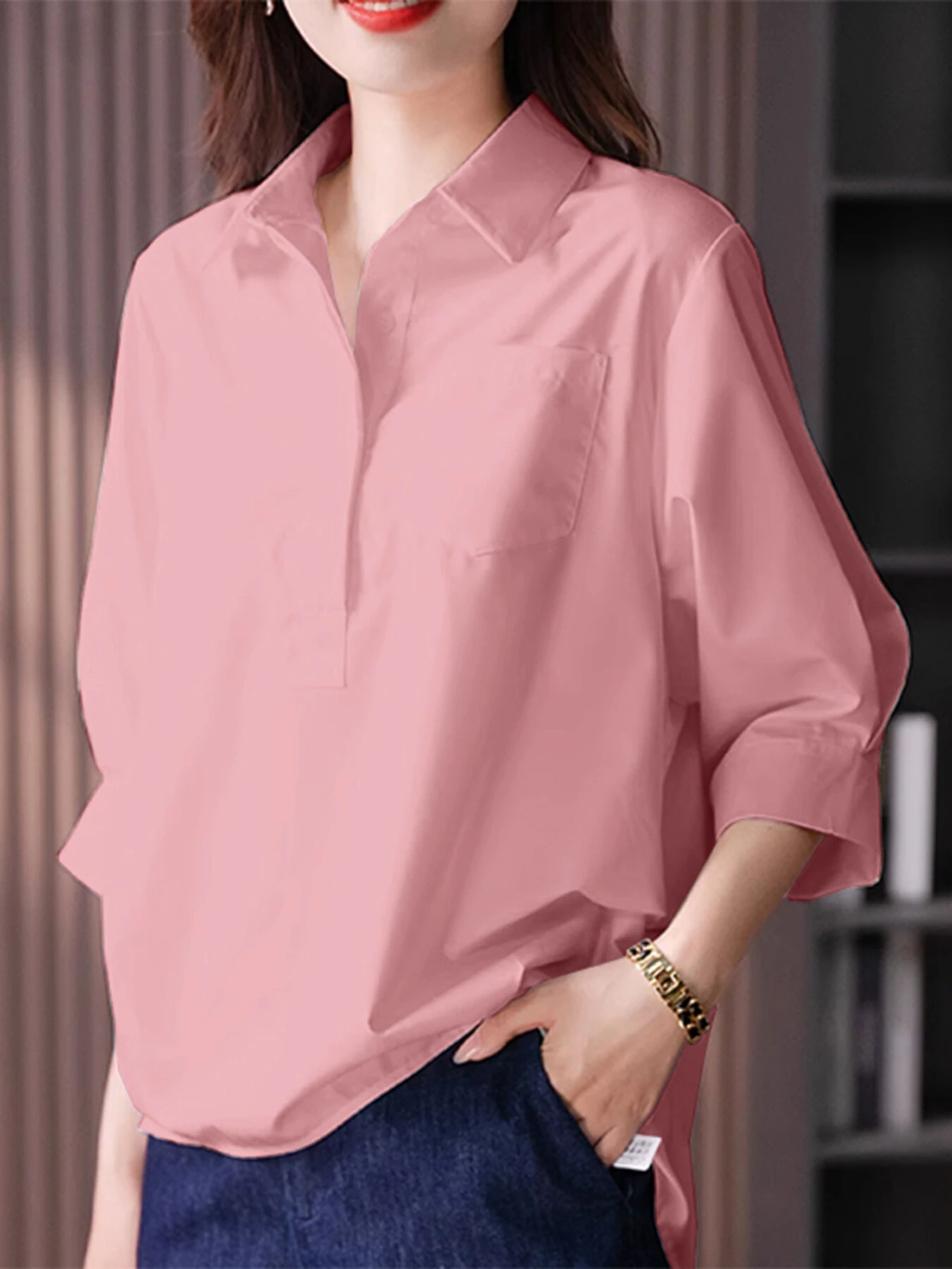(image for) ZANZEA Womens Lapel Blouses 3/4 Length Sleeve Solid Color Shirts with Chest Pocket