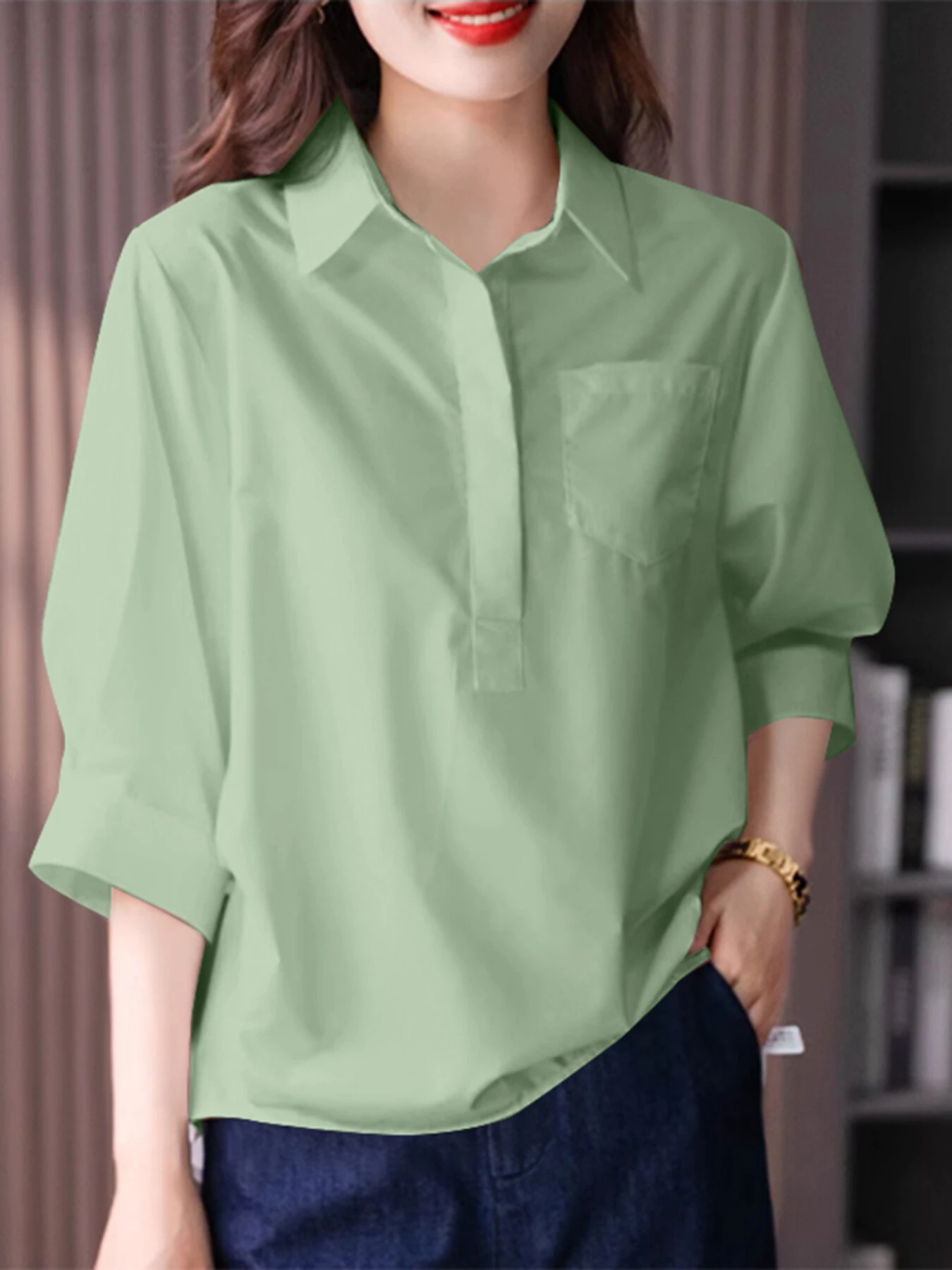 (image for) ZANZEA Womens Lapel Blouses 3/4 Length Sleeve Solid Color Shirts with Chest Pocket