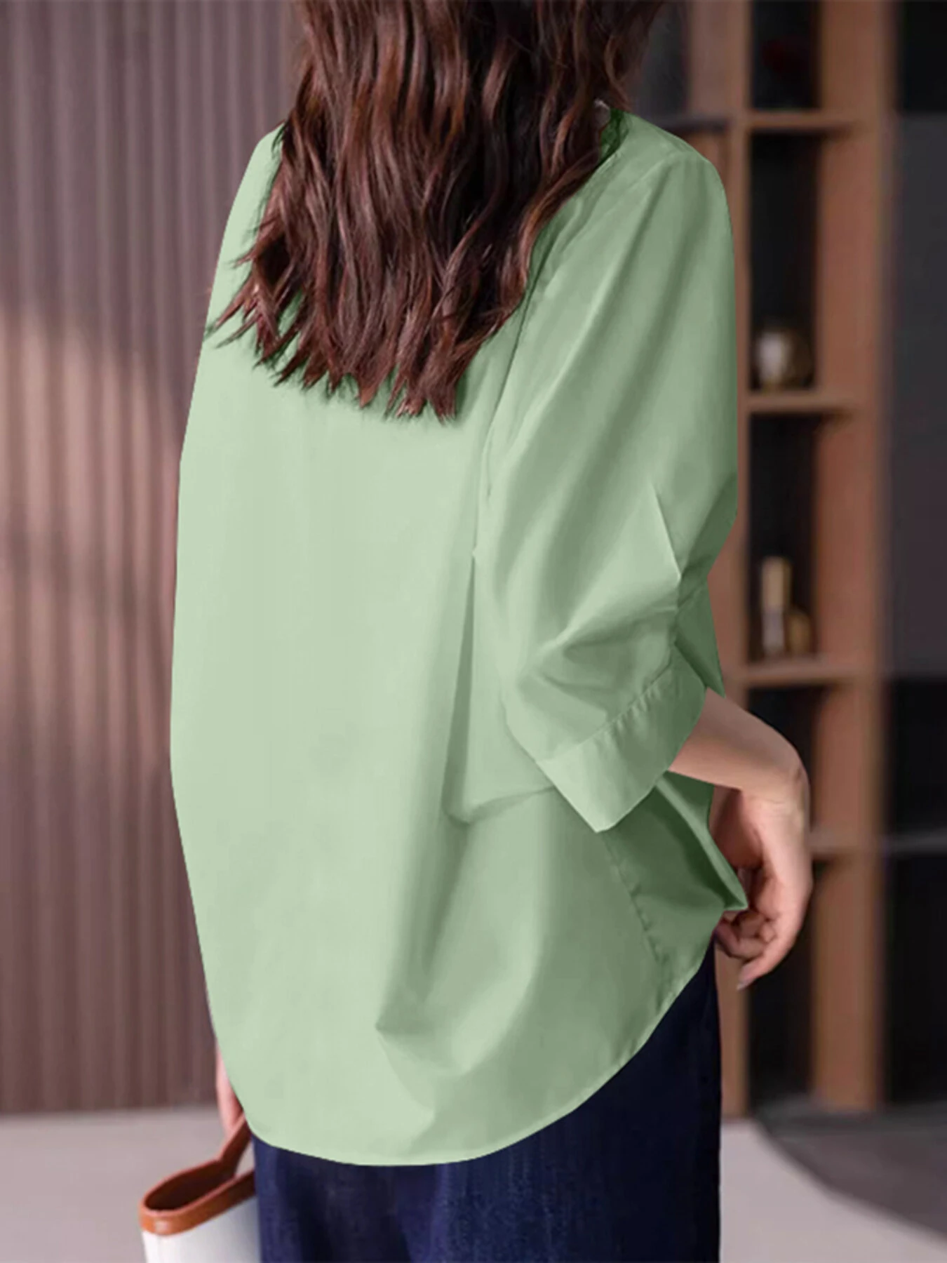 (image for) ZANZEA Womens Lapel Blouses 3/4 Length Sleeve Solid Color Shirts with Chest Pocket
