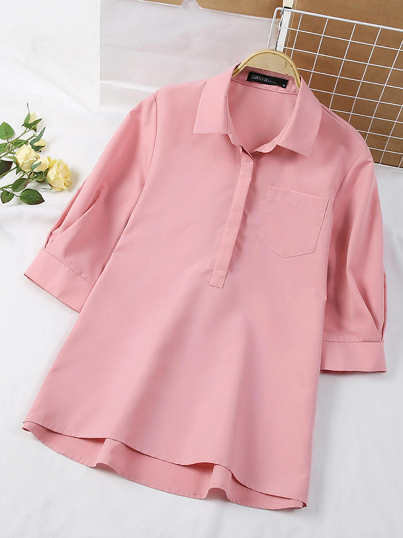 (image for) ZANZEA Womens Lapel Blouses 3/4 Length Sleeve Solid Color Shirts with Chest Pocket