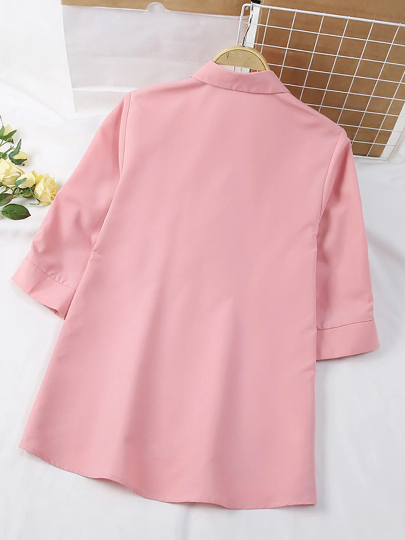 (image for) ZANZEA Womens Lapel Blouses 3/4 Length Sleeve Solid Color Shirts with Chest Pocket