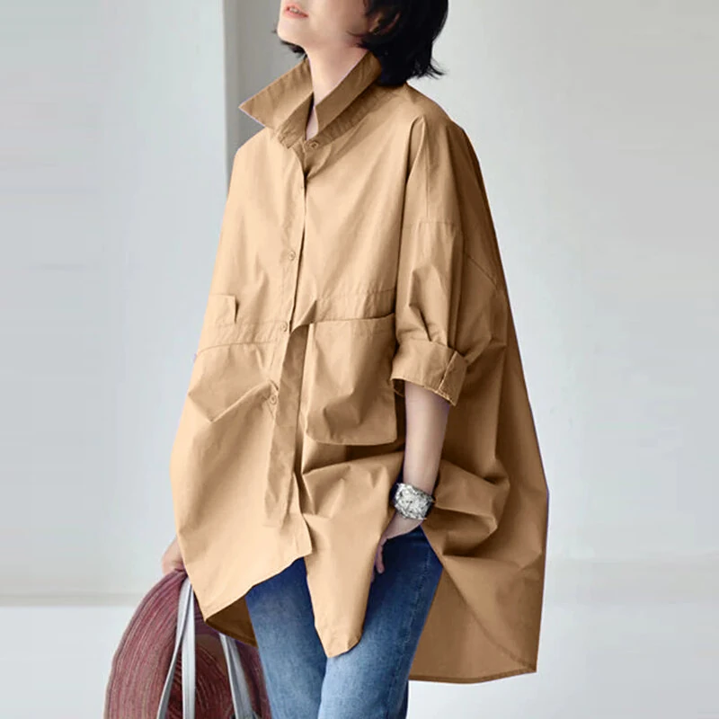(image for) ZANZEA Womens Office Casual Solid Color Long Sleeve Shirts with Pockets Elegant Lapel Button Up Midi Blouse