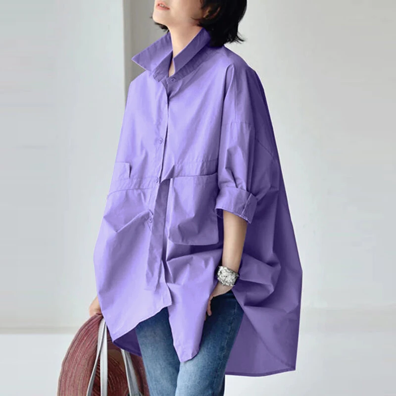 (image for) ZANZEA Womens Office Casual Solid Color Long Sleeve Shirts with Pockets Elegant Lapel Button Up Midi Blouse