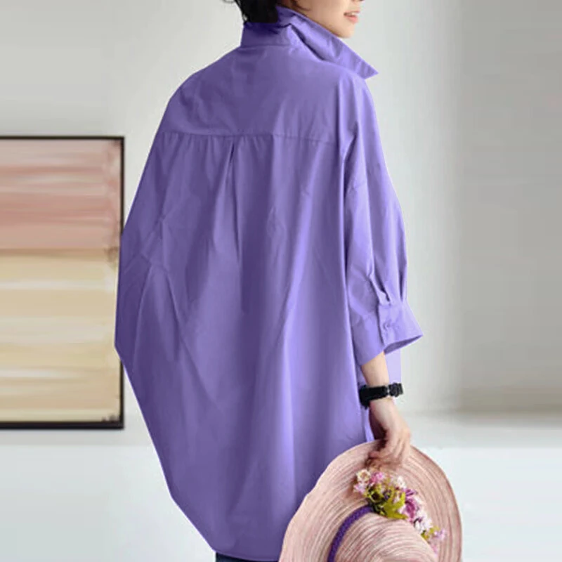 (image for) ZANZEA Womens Office Casual Solid Color Long Sleeve Shirts with Pockets Elegant Lapel Button Up Midi Blouse