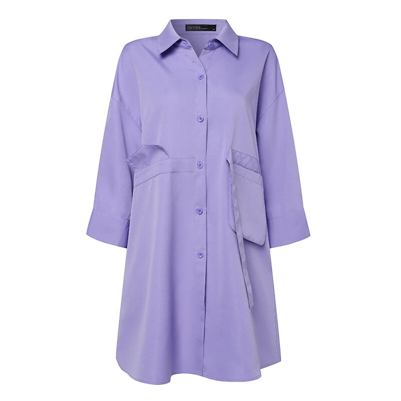 (image for) ZANZEA Womens Office Casual Solid Color Long Sleeve Shirts with Pockets Elegant Lapel Button Up Midi Blouse
