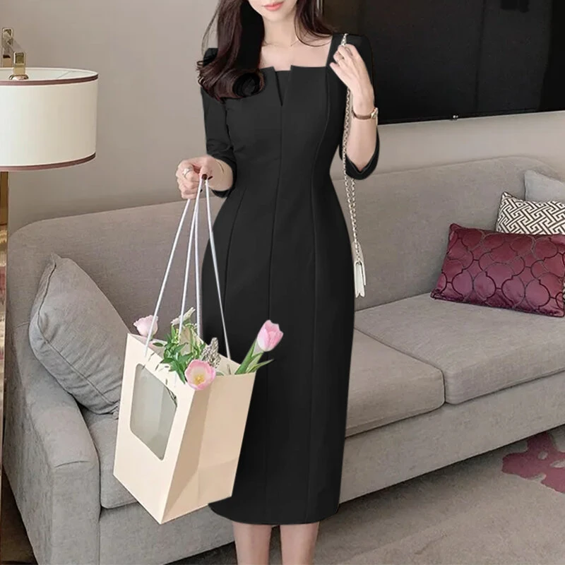 (image for) ZANZEA Womens Party Daily 7/8 Sleeve Small V-neck Design Slim Segmented Dress Solid Color Elegant Midi Dress