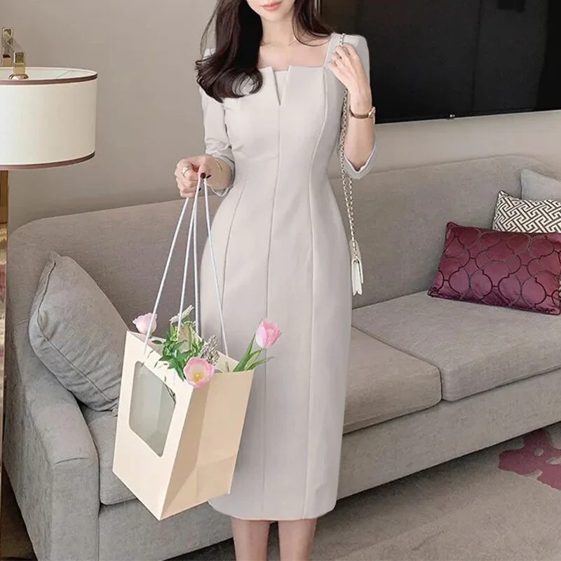 (image for) ZANZEA Womens Party Daily 7/8 Sleeve Small V-neck Design Slim Segmented Dress Solid Color Elegant Midi Dress