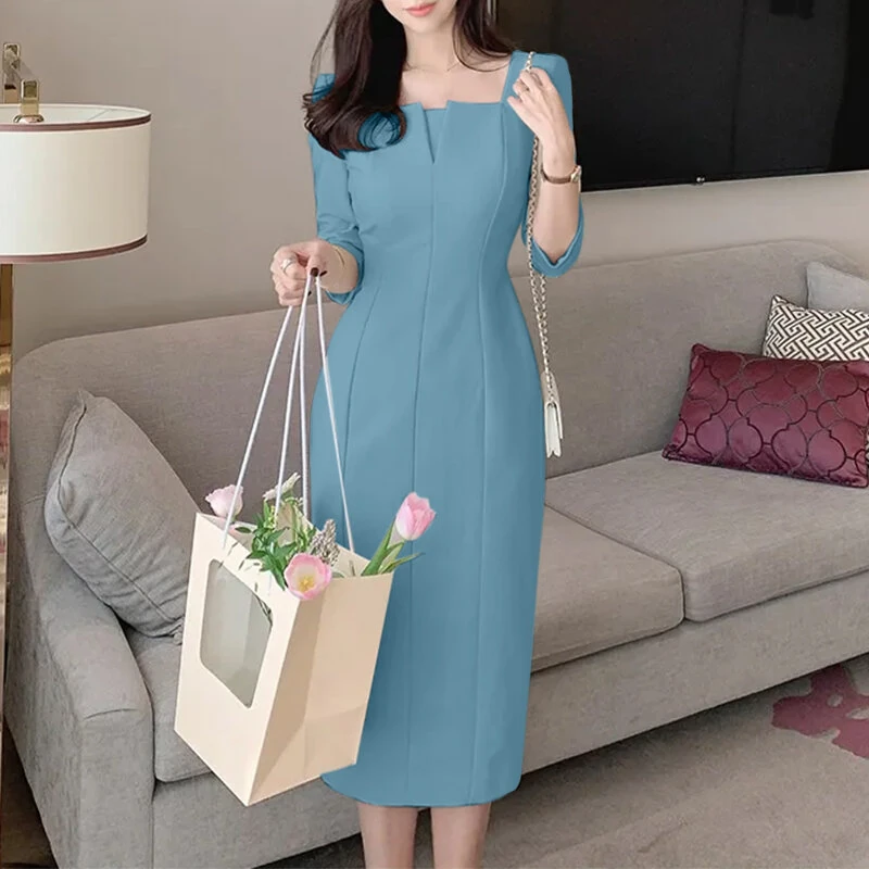 (image for) ZANZEA Womens Party Daily 7/8 Sleeve Small V-neck Design Slim Segmented Dress Solid Color Elegant Midi Dress