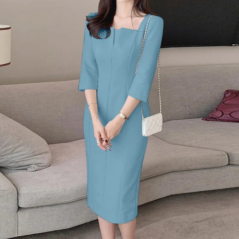 (image for) ZANZEA Womens Party Daily 7/8 Sleeve Small V-neck Design Slim Segmented Dress Solid Color Elegant Midi Dress