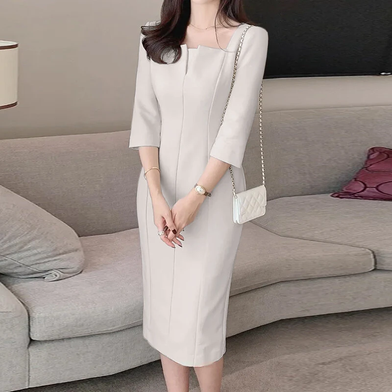 (image for) ZANZEA Womens Party Daily 7/8 Sleeve Small V-neck Design Slim Segmented Dress Solid Color Elegant Midi Dress