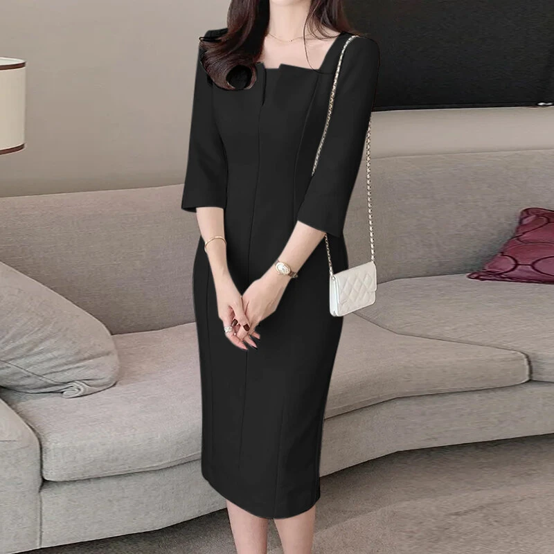 (image for) ZANZEA Womens Party Daily 7/8 Sleeve Small V-neck Design Slim Segmented Dress Solid Color Elegant Midi Dress