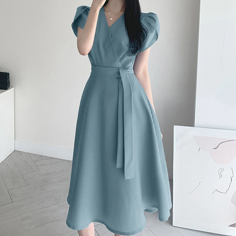 (image for) ZANZEA Womens Puff Sleeve V Neck Belted A Line Midi Dress Party Gown Long Dresses