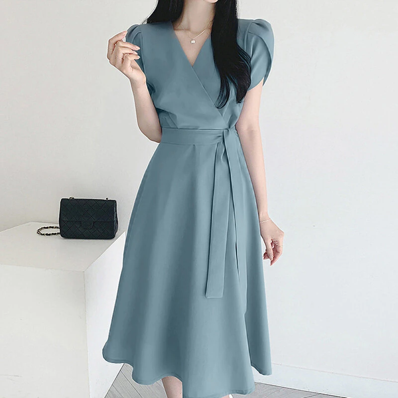 (image for) ZANZEA Womens Puff Sleeve V Neck Belted A Line Midi Dress Party Gown Long Dresses