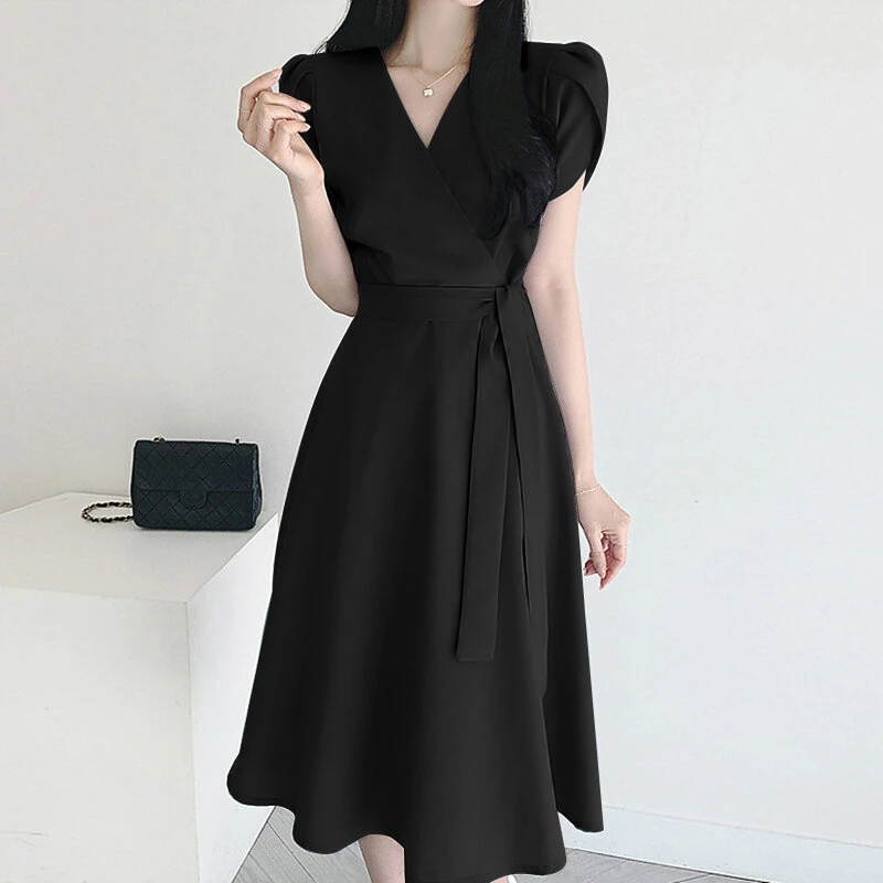 (image for) ZANZEA Womens Puff Sleeve V Neck Belted A Line Midi Dress Party Gown Long Dresses