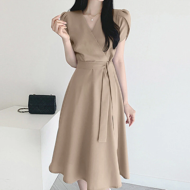 (image for) ZANZEA Womens Puff Sleeve V Neck Belted A Line Midi Dress Party Gown Long Dresses