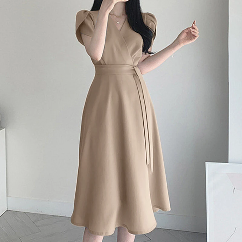(image for) ZANZEA Womens Puff Sleeve V Neck Belted A Line Midi Dress Party Gown Long Dresses