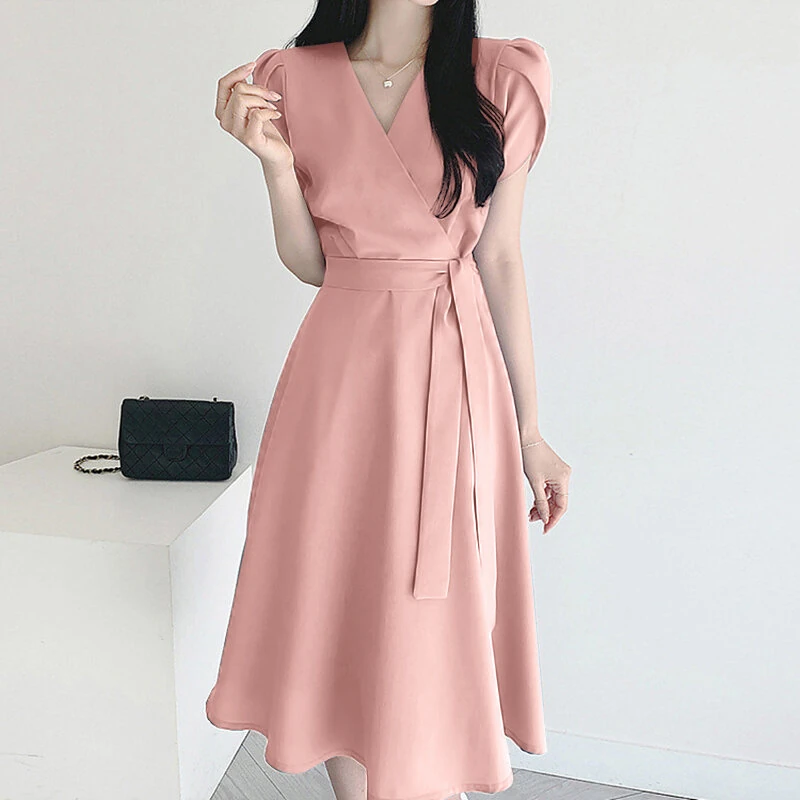 (image for) ZANZEA Womens Puff Sleeve V Neck Belted A Line Midi Dress Party Gown Long Dresses