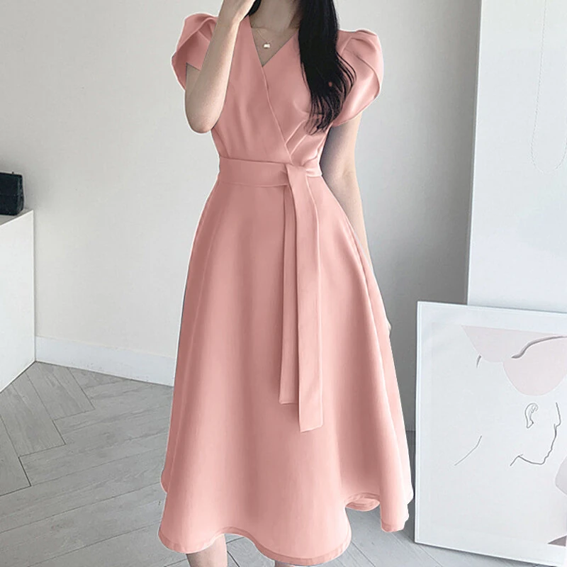 (image for) ZANZEA Womens Puff Sleeve V Neck Belted A Line Midi Dress Party Gown Long Dresses