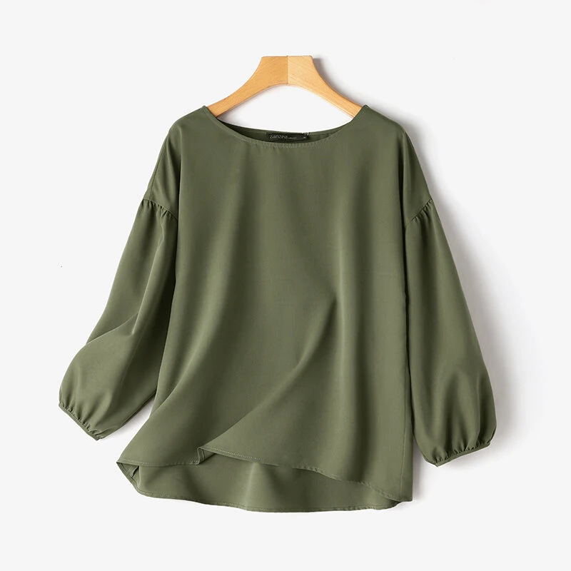 (image for) ZANZEA Women's Round Neck Drop Shoulder Lantern Sleeve Loose Casual Solid Blouses