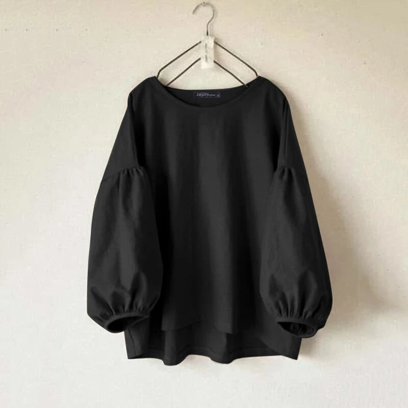 (image for) ZANZEA Women's Round Neck Drop Shoulder Lantern Sleeve Loose Casual Solid Blouses