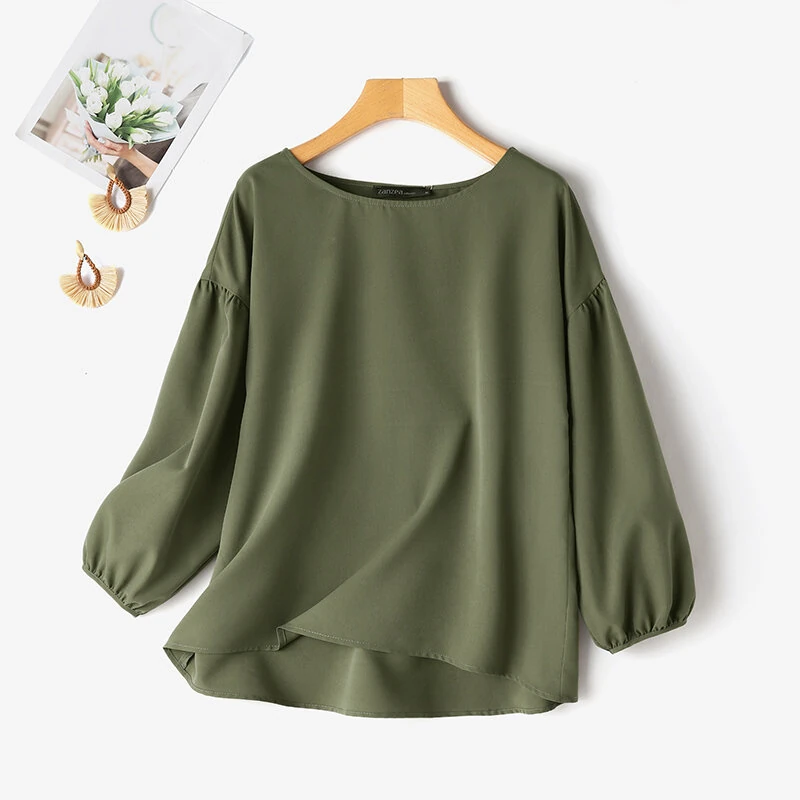 (image for) ZANZEA Women's Round Neck Drop Shoulder Lantern Sleeve Loose Casual Solid Blouses