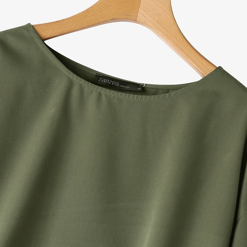(image for) ZANZEA Women's Round Neck Drop Shoulder Lantern Sleeve Loose Casual Solid Blouses