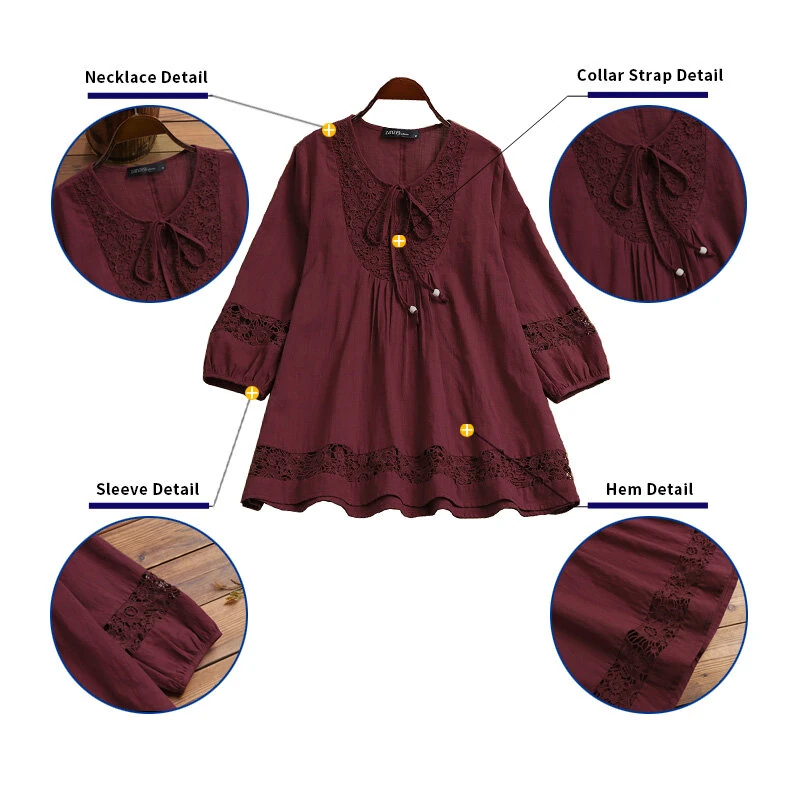 (image for) ZANZEA Women's Shirt Solid Lace Blouse Eyelet Lace Patchwork 3/4 Length Sleeve Top Summer Daily Casual Shirts