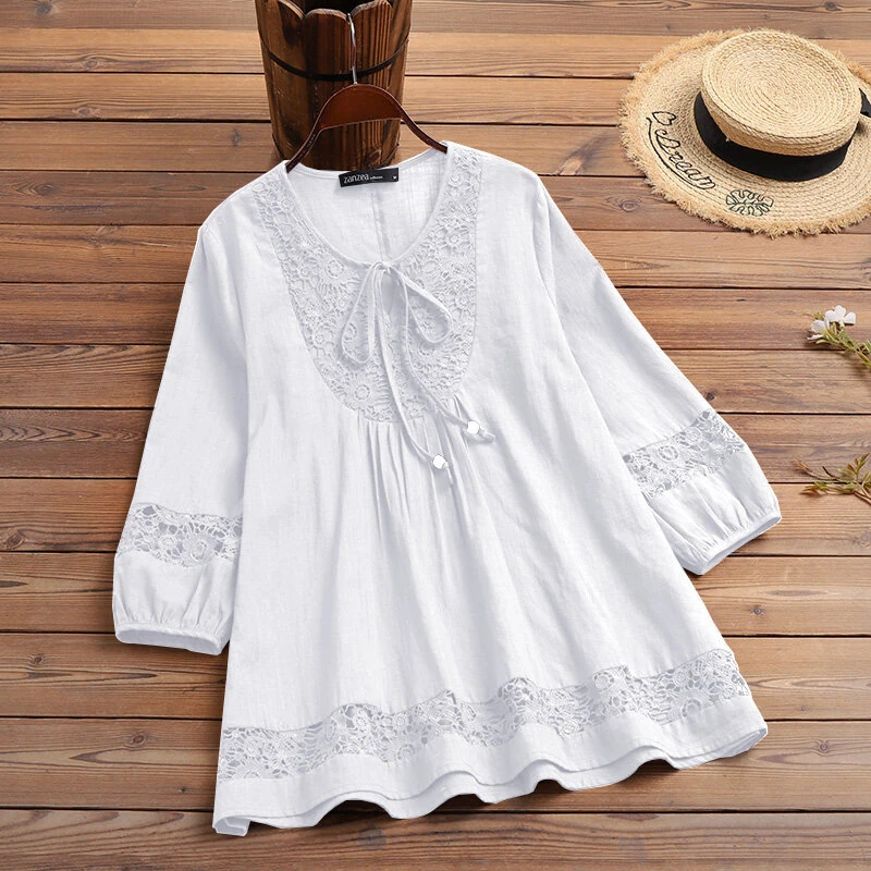 (image for) ZANZEA Women's Shirt Solid Lace Blouse Eyelet Lace Patchwork 3/4 Length Sleeve Top Summer Daily Casual Shirts