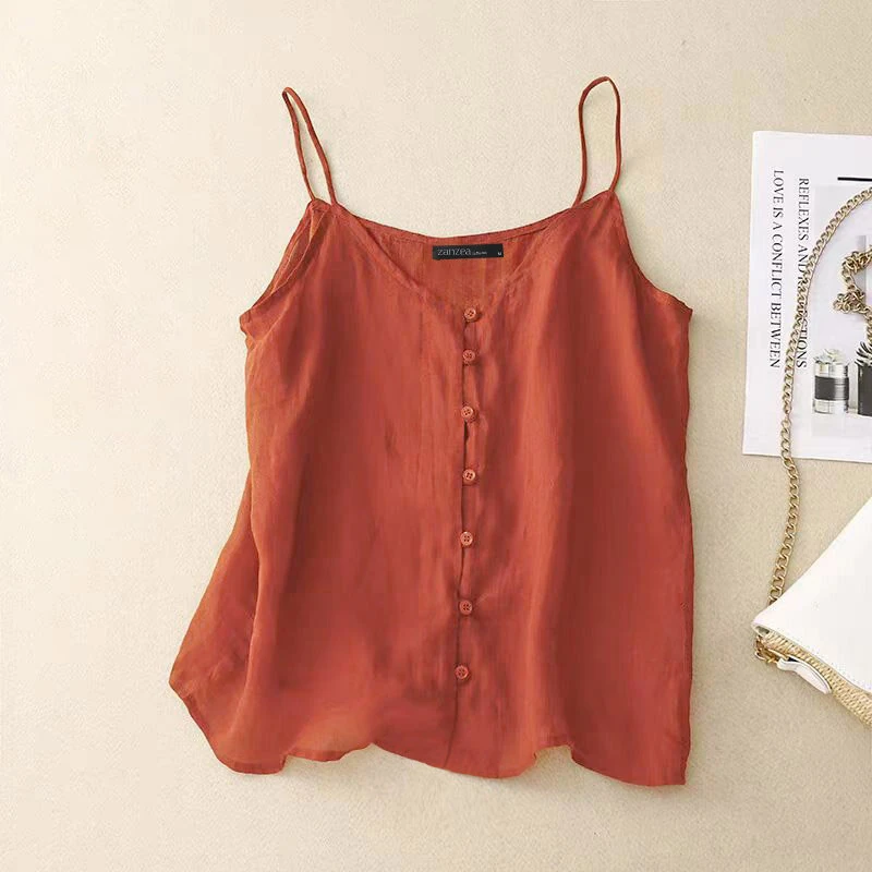 (image for) ZANZEA Womens Spaghetti Strap Camisole Summer Tank Tops V Neck Casual Slip Blouse Streetwear