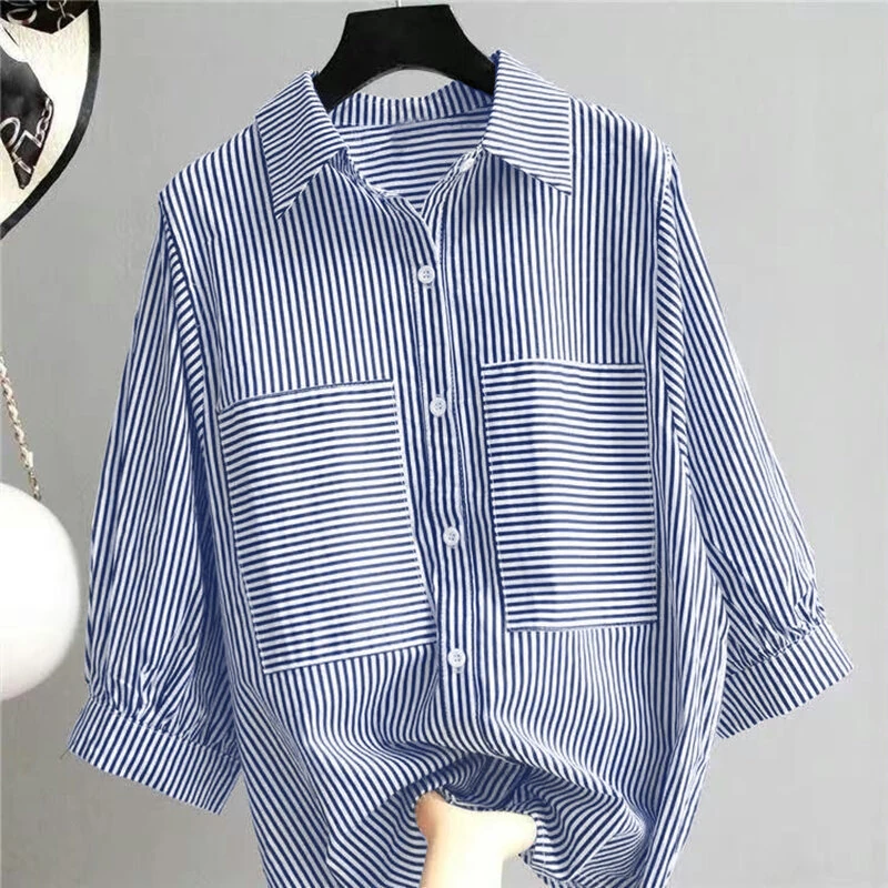 (image for) ZANZEA Women's Striped Shirt Summer 3/4 Sleeve Lantern Sleeve Front Pockets Casual Blouse Top