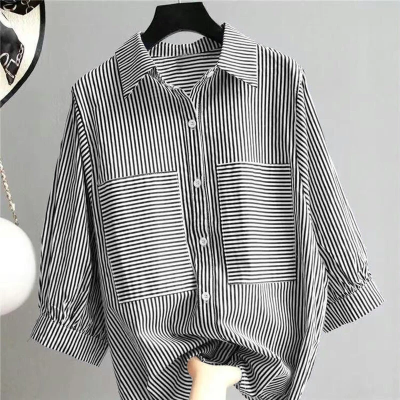 (image for) ZANZEA Women's Striped Shirt Summer 3/4 Sleeve Lantern Sleeve Front Pockets Casual Blouse Top