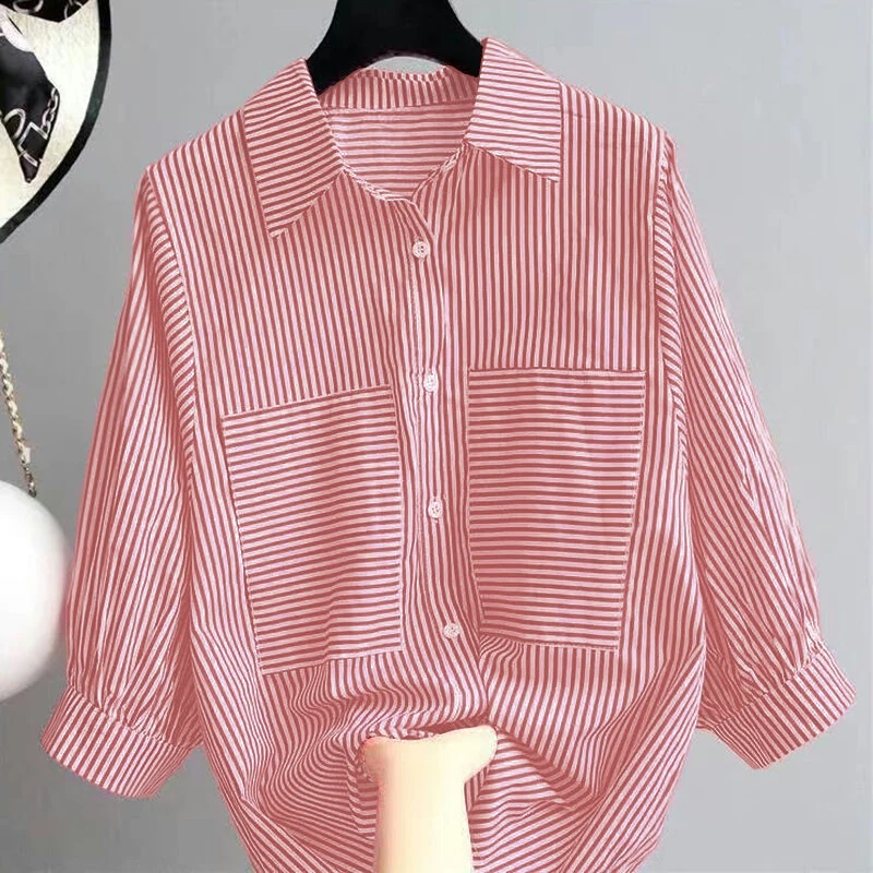 (image for) ZANZEA Women's Striped Shirt Summer 3/4 Sleeve Lantern Sleeve Front Pockets Casual Blouse Top