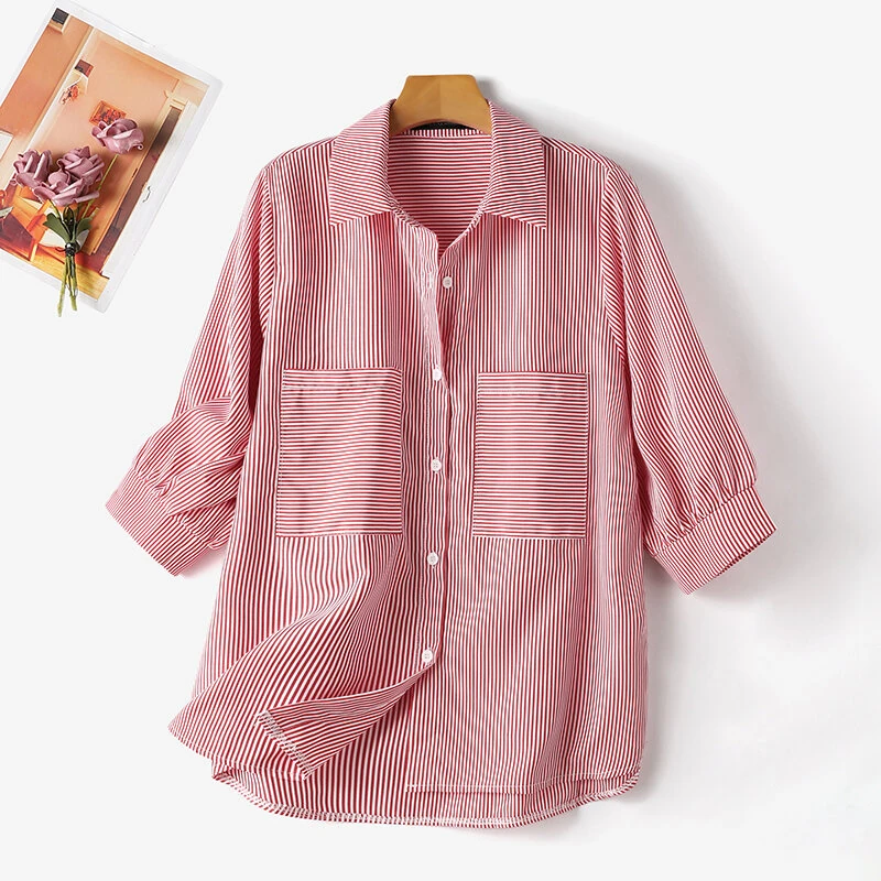 (image for) ZANZEA Women's Striped Shirt Summer 3/4 Sleeve Lantern Sleeve Front Pockets Casual Blouse Top