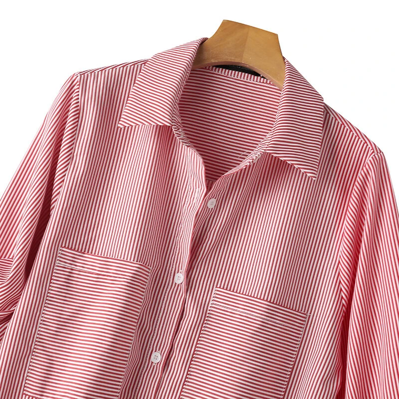 (image for) ZANZEA Women's Striped Shirt Summer 3/4 Sleeve Lantern Sleeve Front Pockets Casual Blouse Top