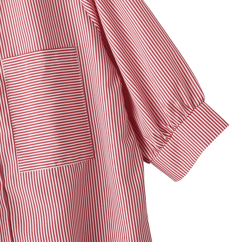 (image for) ZANZEA Women's Striped Shirt Summer 3/4 Sleeve Lantern Sleeve Front Pockets Casual Blouse Top