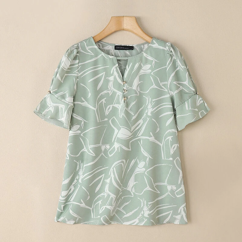 (image for) ZANZEA Women's Summer Elegant Print Blouse Casual Flare Sleeve O-Neck Cutouts Tops