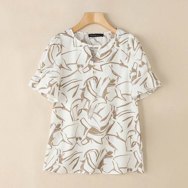 (image for) ZANZEA Women's Summer Elegant Print Blouse Casual Flare Sleeve O-Neck Cutouts Tops