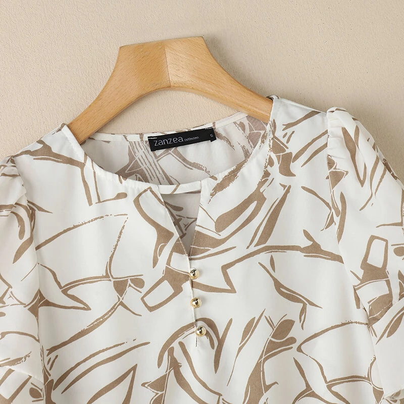 (image for) ZANZEA Women's Summer Elegant Print Blouse Casual Flare Sleeve O-Neck Cutouts Tops