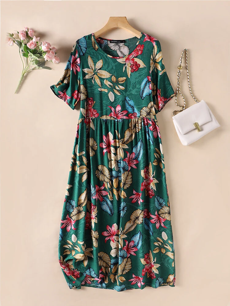 (image for) ZANZEA Womens Summer Short Sleeve Printed Swing Long Maxi Dress Holiday Beach Sundress