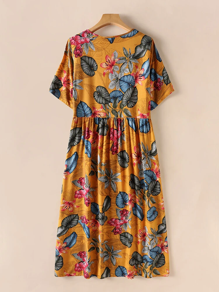 (image for) ZANZEA Womens Summer Short Sleeve Printed Swing Long Maxi Dress Holiday Beach Sundress