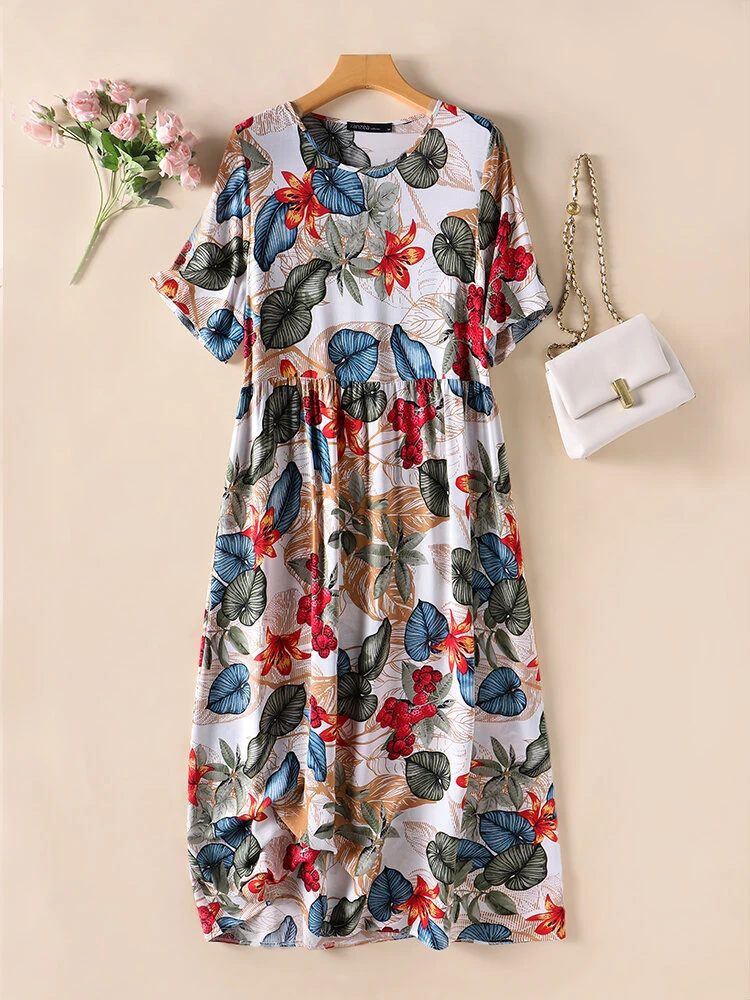 (image for) ZANZEA Womens Summer Short Sleeve Printed Swing Long Maxi Dress Holiday Beach Sundress