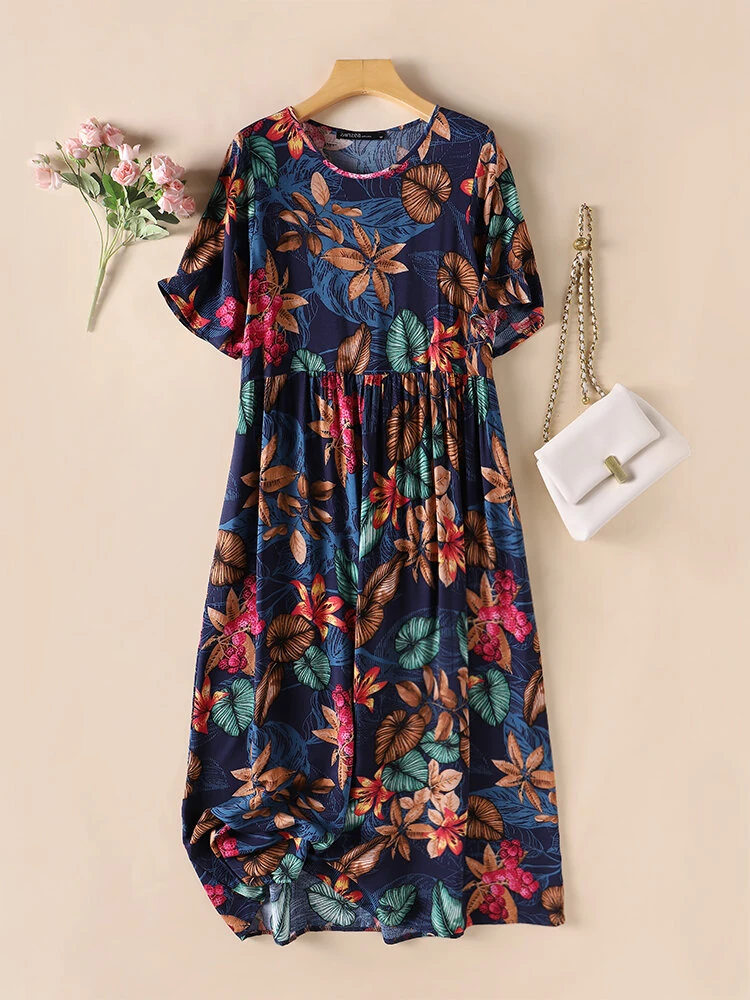 (image for) ZANZEA Womens Summer Short Sleeve Printed Swing Long Maxi Dress Holiday Beach Sundress