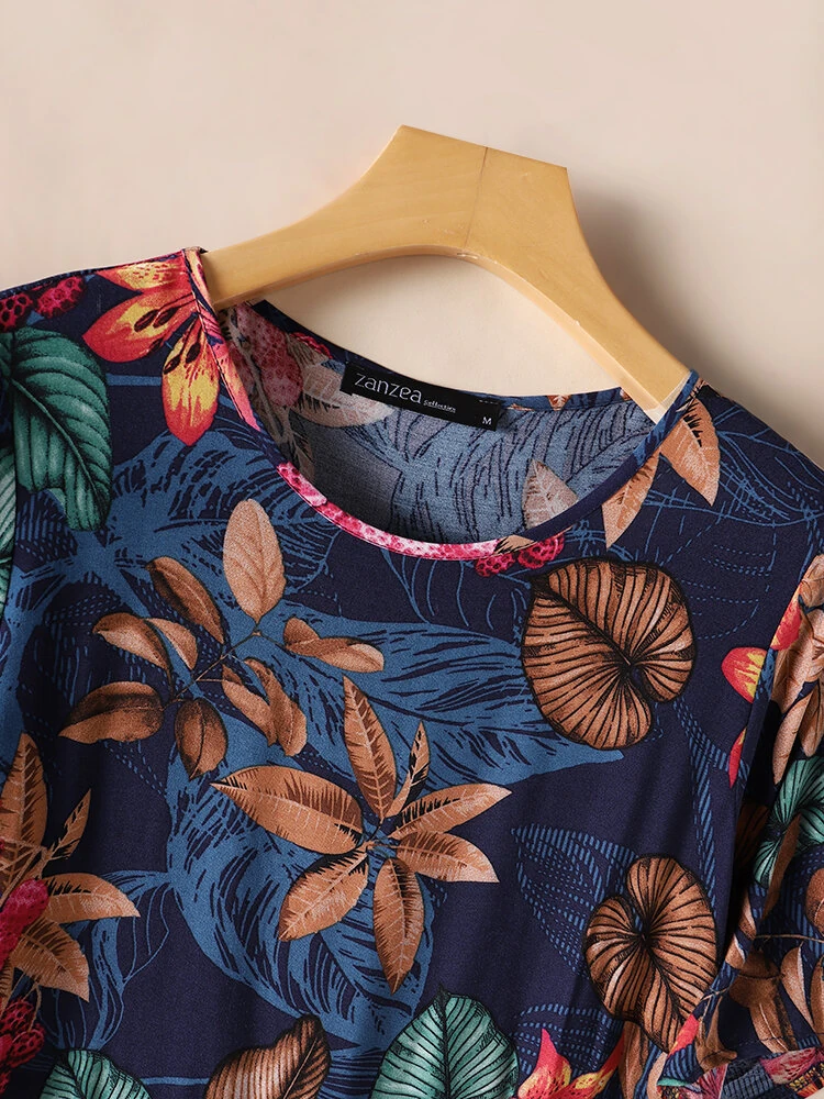 (image for) ZANZEA Womens Summer Short Sleeve Printed Swing Long Maxi Dress Holiday Beach Sundress