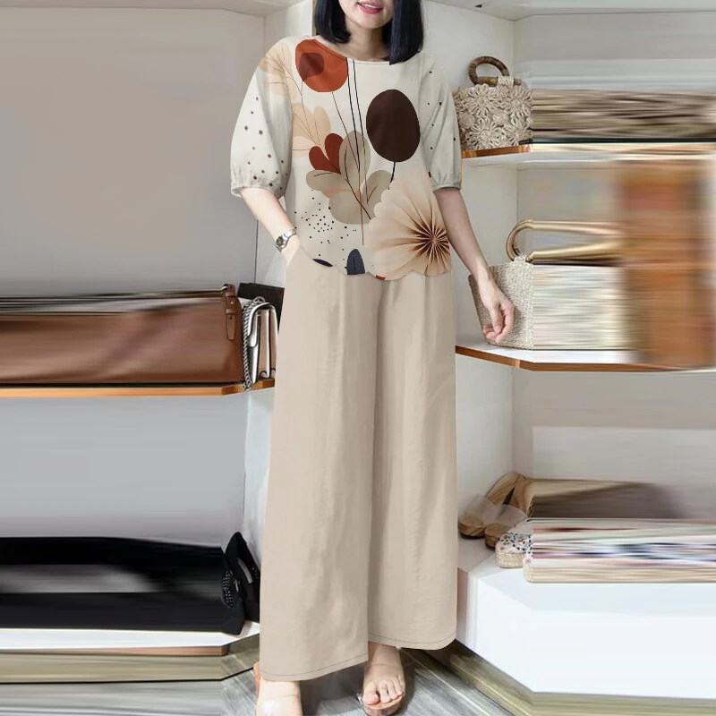 ZANZEA Womens Two-Piece Set Lady Elegant Sets Crew Neck Lantern Sleeve Graphic Print Tops Wide Leg Trousers Suits (image for) ZANZEA Womens Two-Piece Set Lady Elegant Sets Crew Neck Lantern Sleeve Graphic Print Tops Wide Leg Trousers Suits