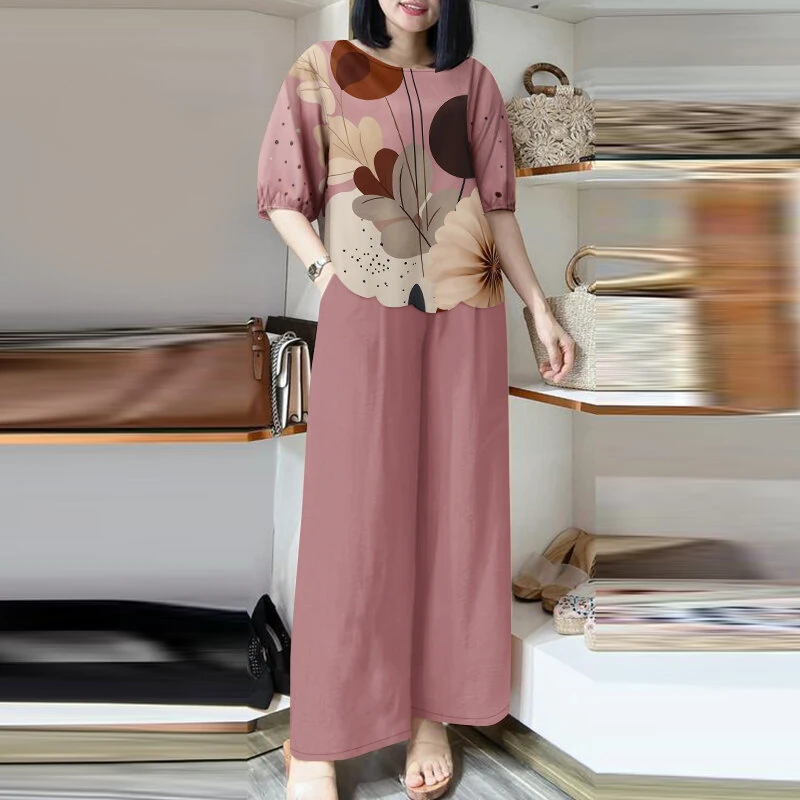 (image for) ZANZEA Womens Two-Piece Set Lady Elegant Sets Crew Neck Lantern Sleeve Graphic Print Tops Wide Leg Trousers Suits