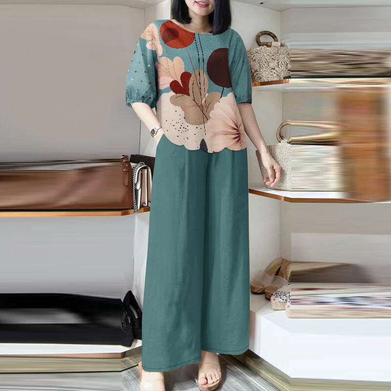 (image for) ZANZEA Womens Two-Piece Set Lady Elegant Sets Crew Neck Lantern Sleeve Graphic Print Tops Wide Leg Trousers Suits