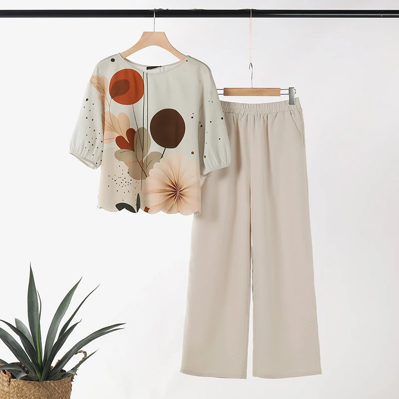 (image for) ZANZEA Womens Two-Piece Set Lady Elegant Sets Crew Neck Lantern Sleeve Graphic Print Tops Wide Leg Trousers Suits